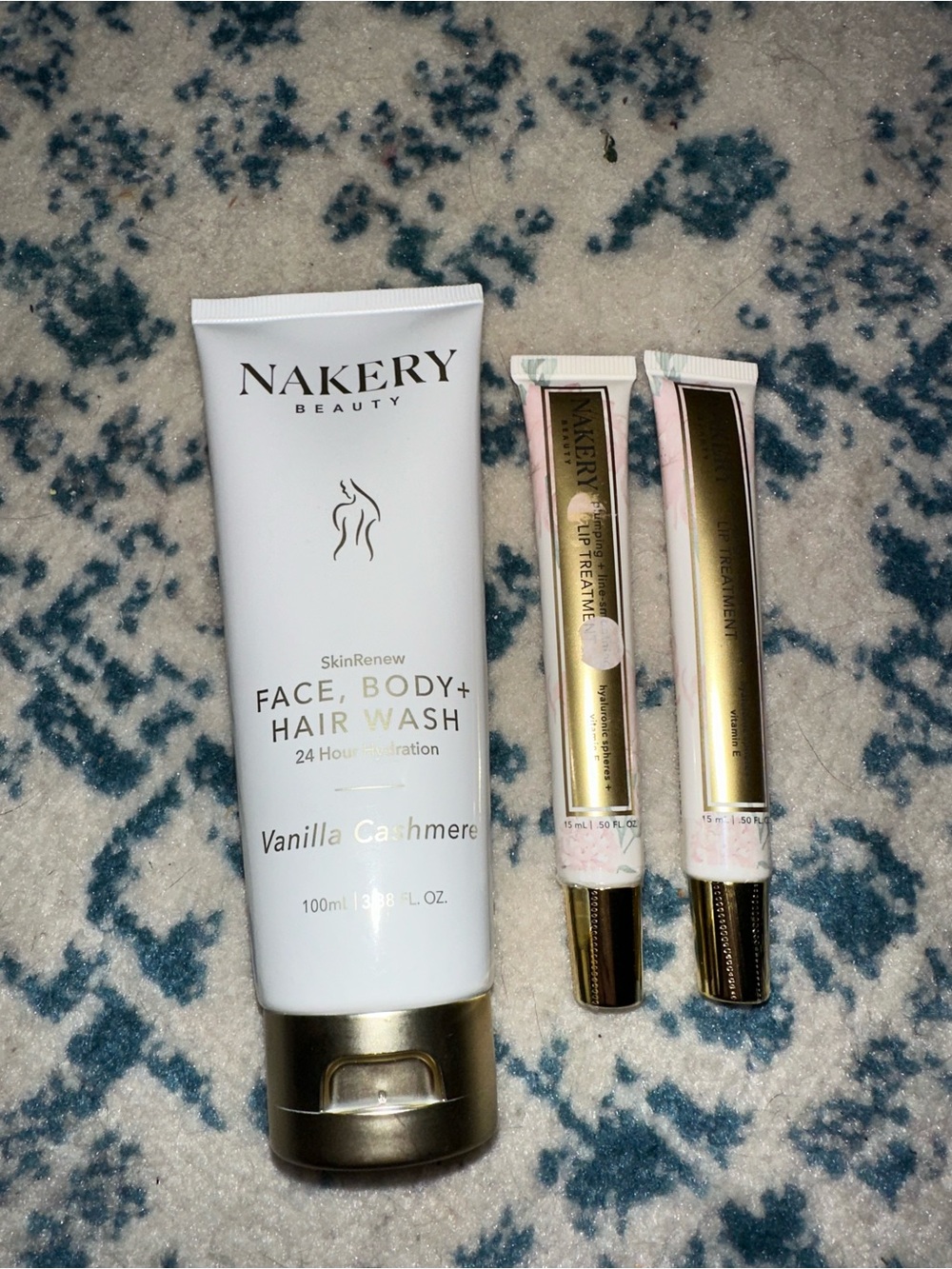 Nakery Set of Vanilla Cashmere Face, Body & Hair Wash + 2 Lip Treatments NEW